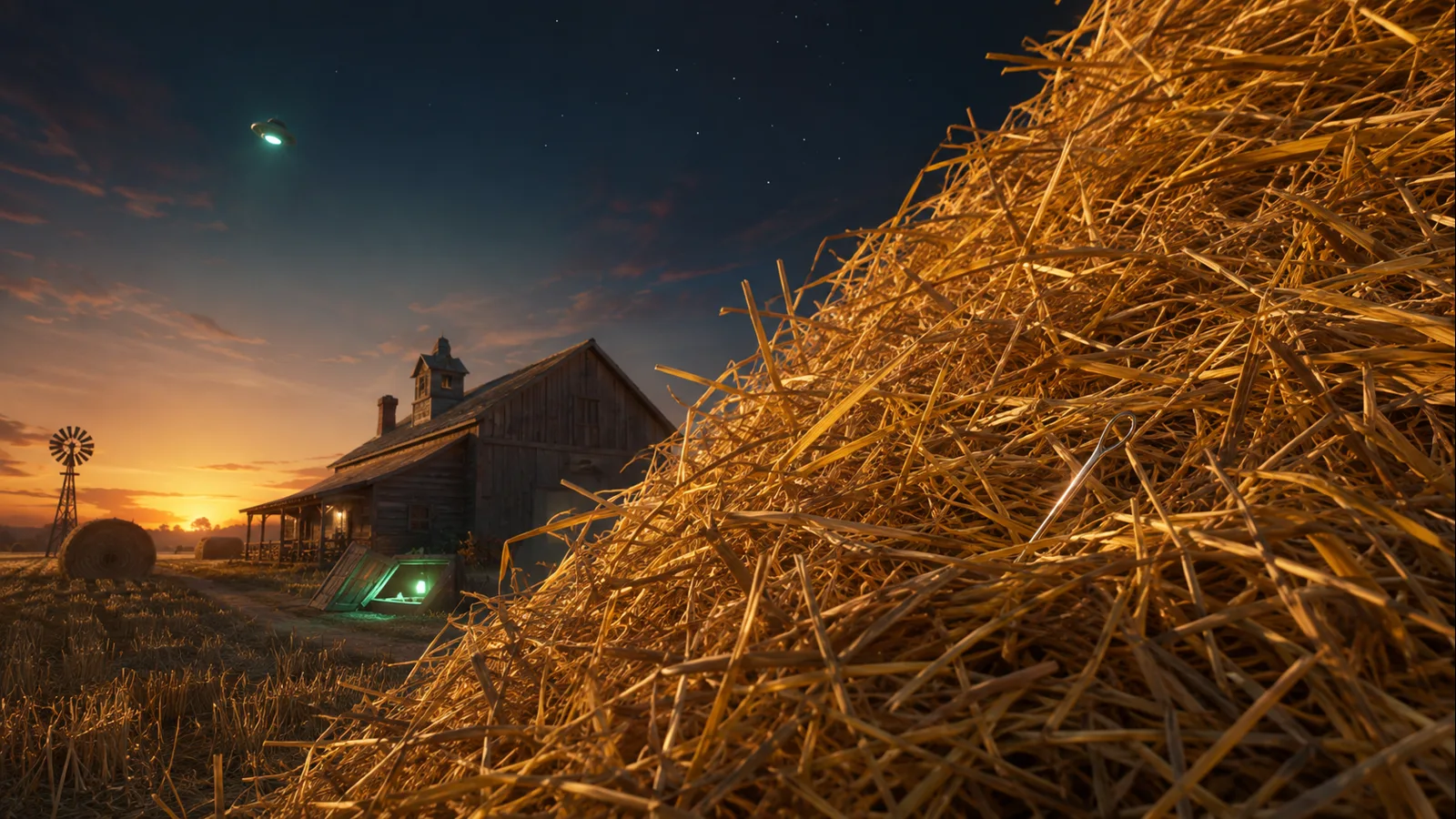 A stylized silver needle hidden in a golden haystack beside a farmhouse and a glowing basement hatch